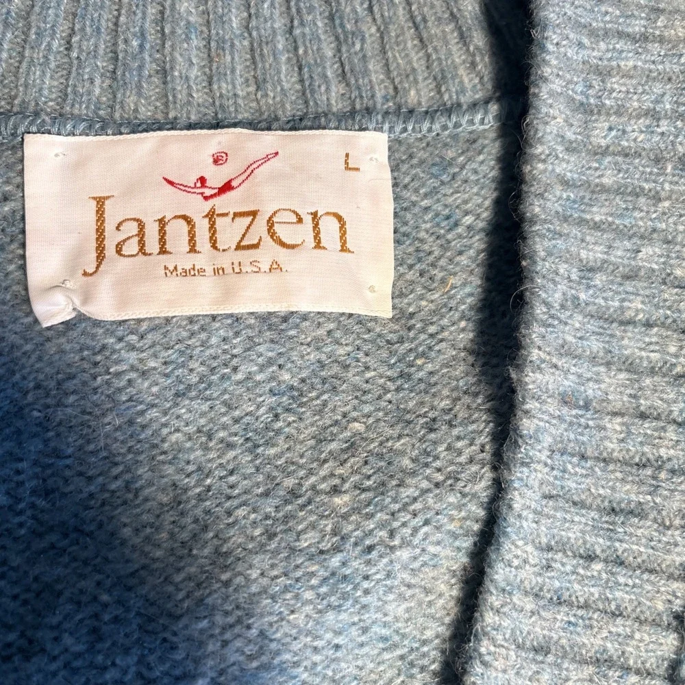 Vintage Jantzen Mens Blue Wool Blend Button Front Cardigan Sweater Vest L USA